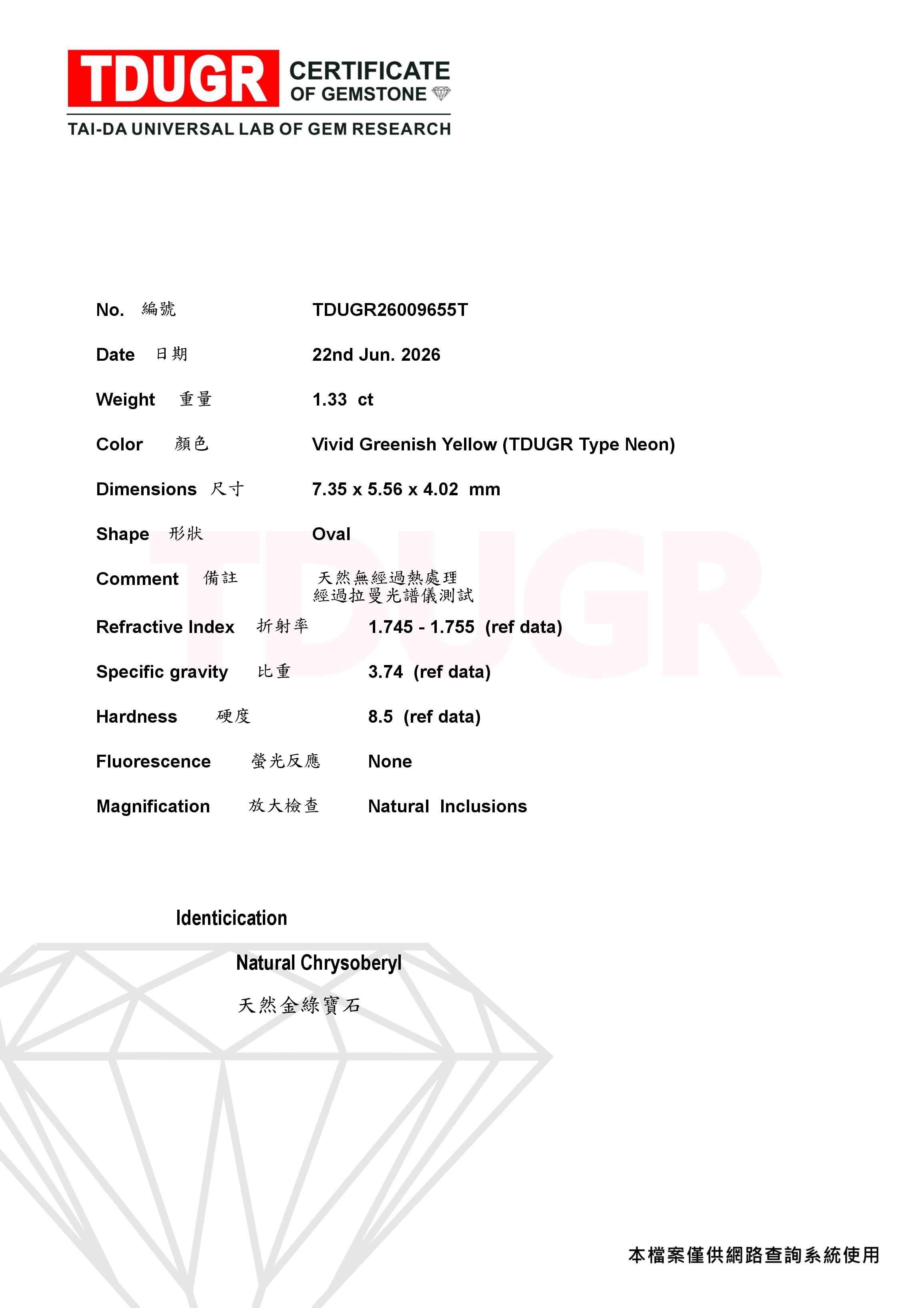 金綠玉寶石 1.33克拉
